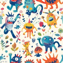 seamless imaginary friends pattern with monsters and aliens