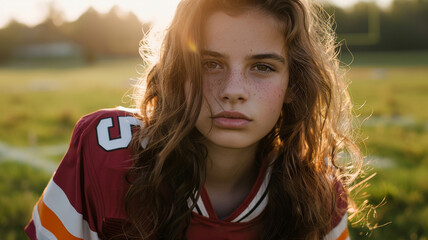 portrait of high school girl in flag football uniform