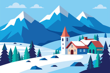 Beautiful Village House Mountain Winter Snow Landscape vector illustration