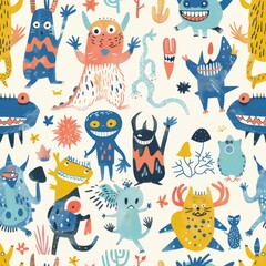 seamless imaginary friends pattern with monsters and aliens