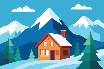 Beautiful Village House Mountain Winter Snow Landscape vector illustration