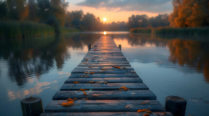 A vibrant nature waterway landscape with a wooden boardwalk extending over the water, the calm...