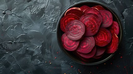 Close up view of whole and sliced red beets in a bowl on a table