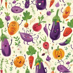 Fototapeta premium seamless pattern of kitchen vegetable friends with eggplants, carrots, and onions