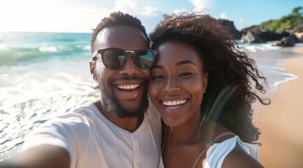 Obraz premium A young couple taking a selfie on the beach.