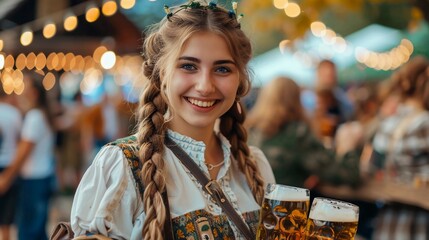 Fototapeta premium At the bustling German Oktoberfest(October beer fest), a young female waitress dressed in traditional German attire holds big german beer mugs filled with beer, smiling at the camera.