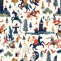 Fototapeta premium seamless pattern of brave knights on noble quests through realms of soaring castles