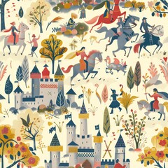 seamless pattern of brave knights on noble quests through realms of soaring castles