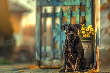 A black dog sits calmly by a rustic gate adorned with yellow flowers, basking in the warm glow of...