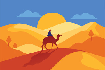 Camel Rider Crossing Vast Desert Hill Arabian Landscape vector illustration