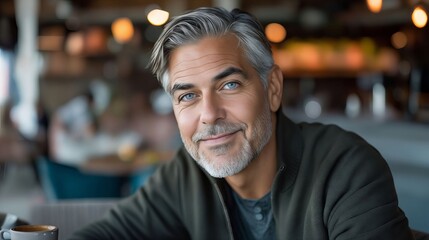 Obraz premium A man with gray hair sitting at a table.