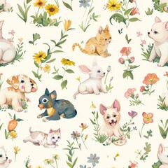 Naklejka premium seamless pattern of cartoon animal puppies, kittens, and baby farm friends with wildflowers