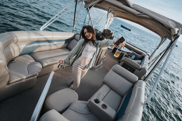 A happy, joyful young woman captured dancing on a luxury yacht, her smile radiating as she enjoys a beautiful day at sea