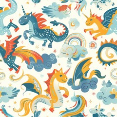 seamless pattern of friendly dragons, unicorns, and griffins