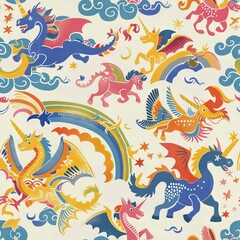 Obraz premium seamless pattern of friendly dragons, unicorns, and griffins