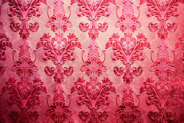 Red damask pattern on pink background, vintage wallpaper with retro design. Background texture for...