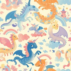 seamless pattern of friendly dragons, unicorns, and griffins
