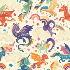 Fototapeta premium seamless pattern of friendly dragons, unicorns, and griffins