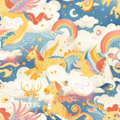 seamless pattern of friendly dragons, unicorns, and griffins