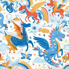 Obraz premium seamless pattern of friendly dragons, unicorns, and griffins