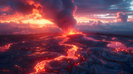 An ultra HD view of a nature volcano at sunset, the sky glowing with vibrant colors and the lava glowing brightly