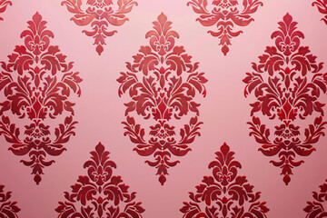 Red damask pattern on pink background, vintage wallpaper with retro design. Background texture for fashion and home