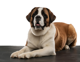 Impressive Saint Bernard standing against a white transparent backdrop.