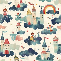 seamless pattern of children on fantastical fluffy cloud castles with rainbows bridges