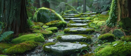 Mossy stones form a pathway through the vibrant greenery of the forest.