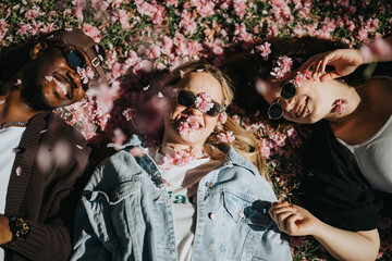 Image shows three young friends laughing and lying among pink cherry blossoms, expressing joy and...