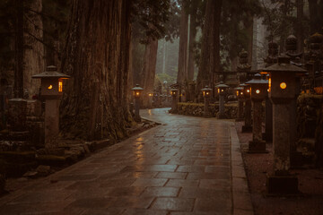 Twilight envelopes a spiritual path lined with glowing lanterns in a peaceful Japanese forest.