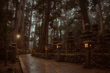 Rain-soaked evening on a lantern-lit path through an ancient forest in Japan.