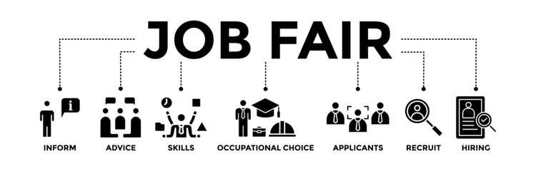 Job fair banner icons set for employee recruitment and onboarding program. Vector graphic glyph style with icon of the information, advice, skills, occupational, applicants, recruit, and hiring