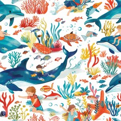 Fototapeta premium seamless pattern of children swimming with friendly sea creatures in a vibrant coral reef