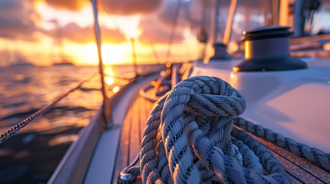 A close-up of a sailboat deck with rope, the sun setting in the distance.