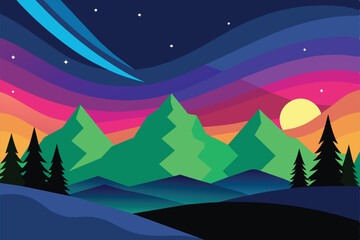 Colorful Aurora Borealis Sky Light Pine Mountain Adventure Polar Landscape vector illustration