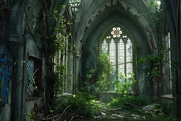 An abandoned cathedral with crumbling stained glass windows and overgrown with vines.