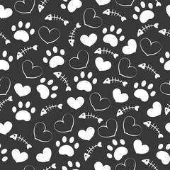 Paw animal print silhouettes. Seamless pattern with paws