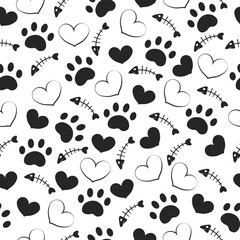 Paw animal print silhouettes. Seamless pattern with paws