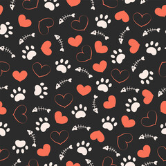 Paw animal print silhouettes. Seamless pattern with paws