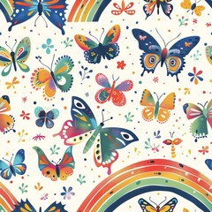 Fototapeta premium seamless pattern of colorful butterflies and rainbow arch