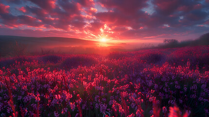 An ultra HD view of a nature moor at sunrise, the sky glowing with vibrant colors and the heather bathed in golden light