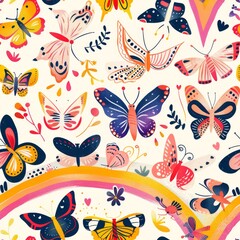 seamless pattern of colorful butterflies and rainbow arch