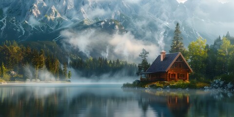 Obraz premium Cozy Mountain Cabin by a Serene Lake with Smoke Rising from the Chimney Peaceful and Tranquil Natural Landscape Scenery
