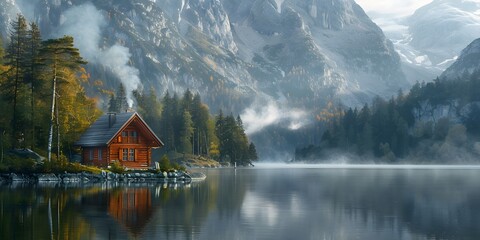 Fototapeta premium Serene Mountain Cabin by Tranquil Lake with Billowing Smoke and Peaceful Fall Scenery