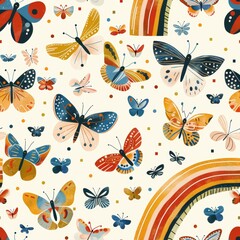 seamless pattern of colorful butterflies and rainbow arch