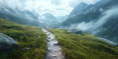 Winding Mountain Trail Through Serene Alpine Meadow with Misty Peaks and Lush Vegetation