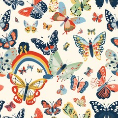 Obraz premium seamless pattern of colorful butterflies and rainbow arch