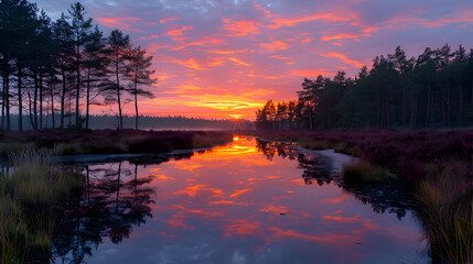 Obraz premium An ultra HD view of a nature peatland at sunrise, the sky glowing with vibrant colors and the water reflecting the light