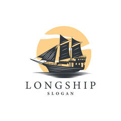 vintage viking longship warship logo traditional ocean sailboat silhouette design